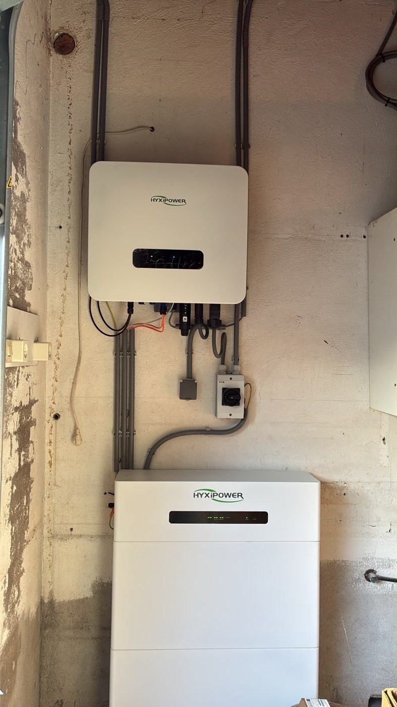 Hyxipower thuisbatterij tegen een betonmuur binnen, geïnstalleerd door Paneco