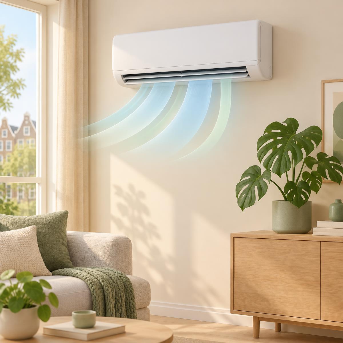 Illustratie van een wandairco die koele lucht in een woonkamer blaast