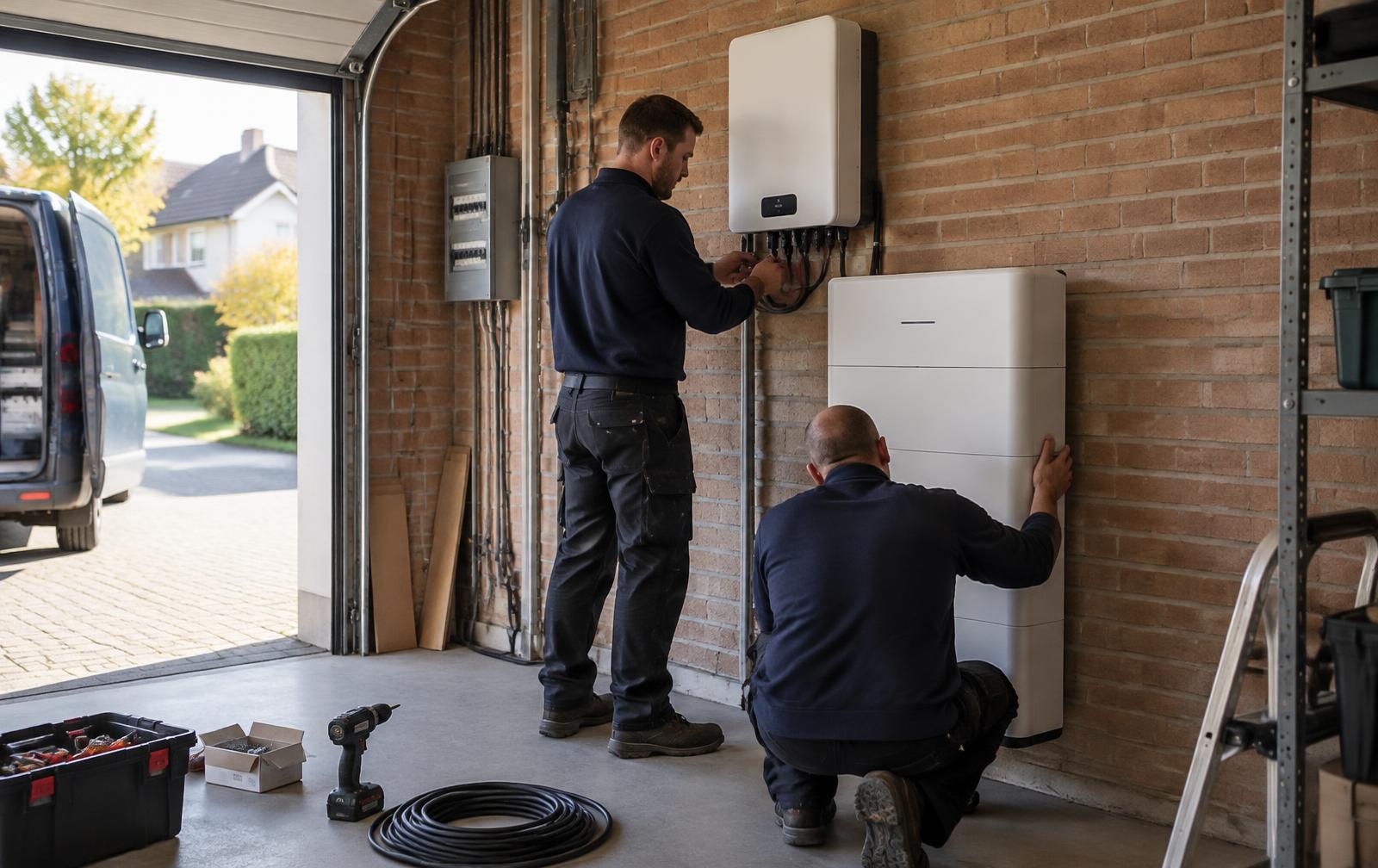 Twee monteurs installeren een thuisbatterij in een garage